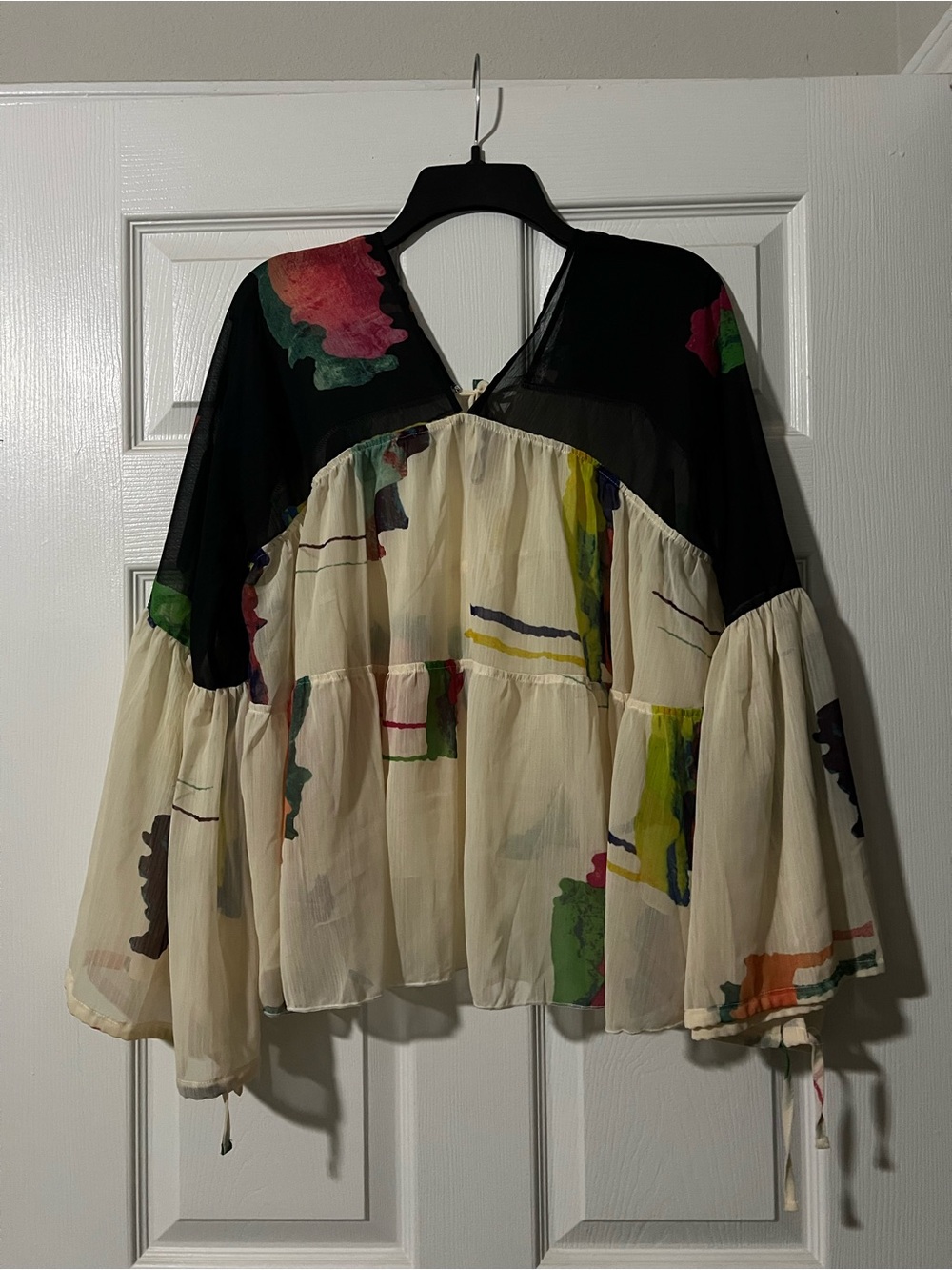 SHEIN Cream Sheer Tiered Blouse with Black Yoke and Multicolor Accents